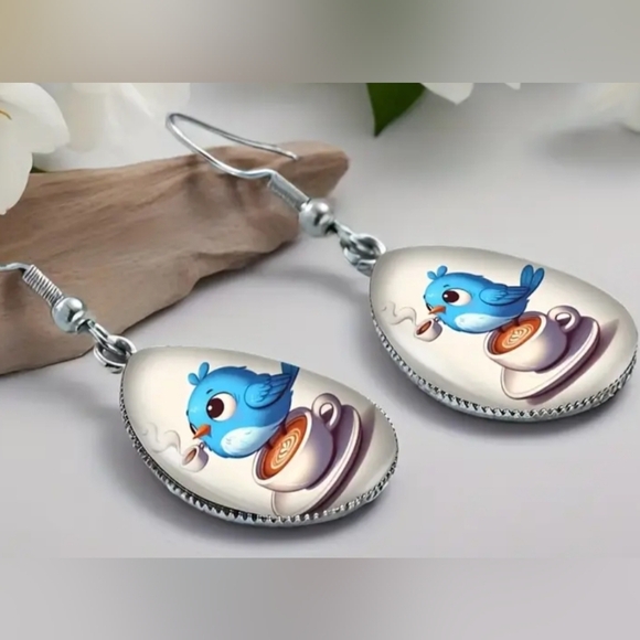 Animal Print Cute Animated Blue Bird Dangling Gift Earrings-(#0213) - Picture 3 of 5